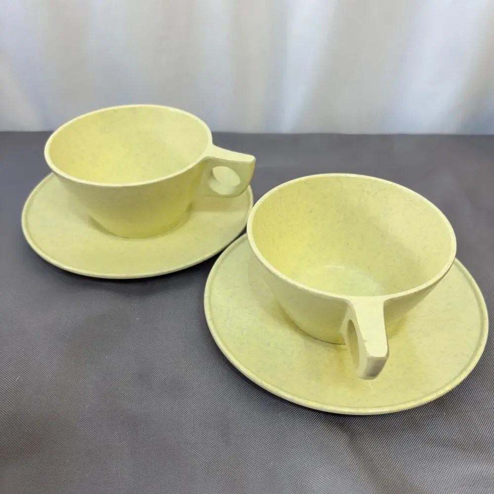 Yellow Speckled Melamine Mixed Lot 9 Pc: 2 Cup/Saucer/Bowl 1 Plate Creamer/Sugar